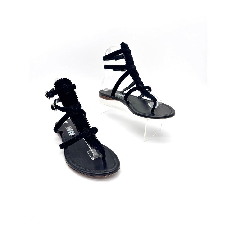 Prada Black Leather T Strap Flat Sandals Ruffled Trim Ankle Buckle EU 38 - Picture 8 of 12